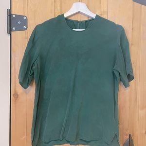 VINTAGE SILK / Button-back short-sleeved blouse / Dusty forest green / 8 Medium
